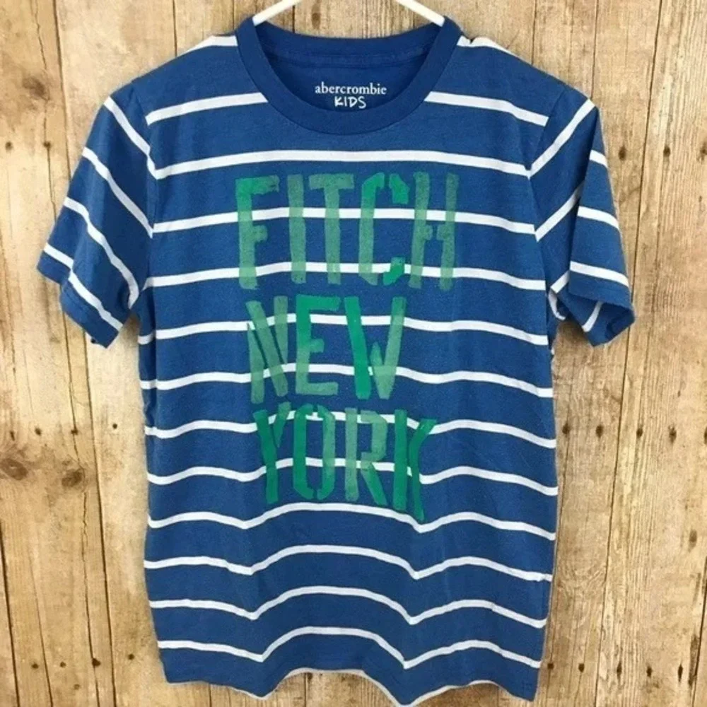 Abercrombie Kids Boys Blue White Striped Fitch‎ New York Graphic T-Shirt 15/16